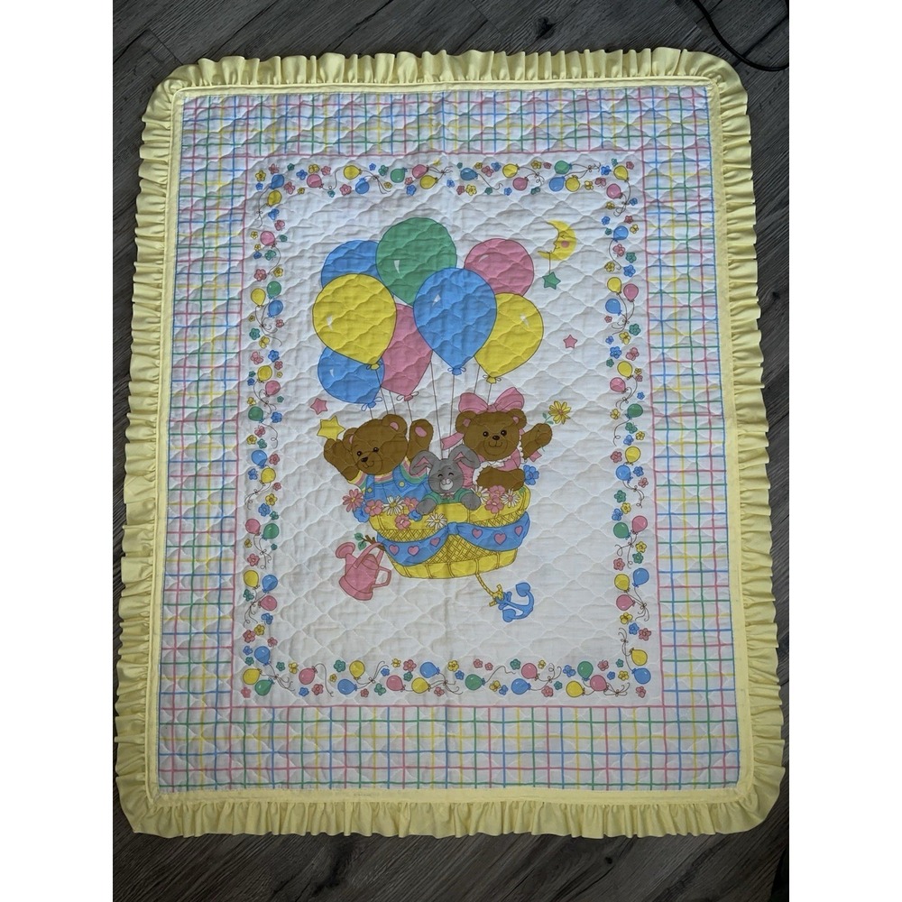 Yellow Ruffled Baby Quilt with Balloon Bear Design